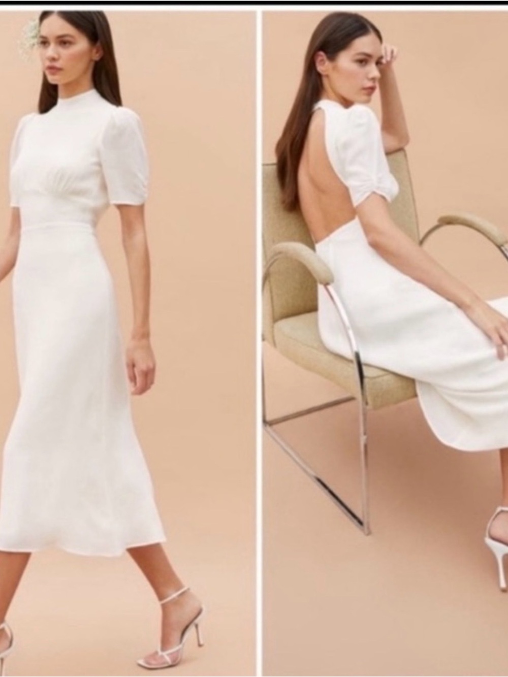 Reformation White Backless Midi Dress with Puff Sleeves